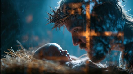Man Jesus Christ in crown of thorns looking at newborn baby, concept of Christianity, hope, and new beginning.