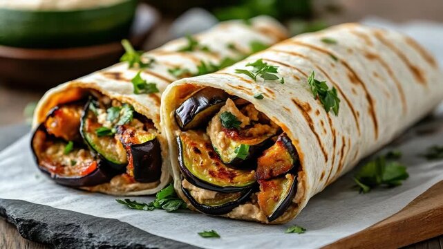 Grilled vegetable wrap with roasted eggplant, zucchini, hummus and fresh parsley savory wholesome