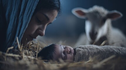 Woman Mary looking at baby Jesus sleeping in manger with lamp close by. Christmas nativity scene, hope, New Testament story.