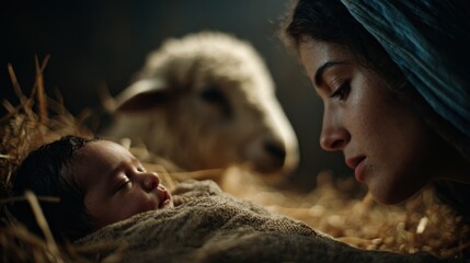 Woman observing a newborn baby wrapped in cloth, resting on hay. Jesus Christ nativity scene. Religious Christmas holiday concept.