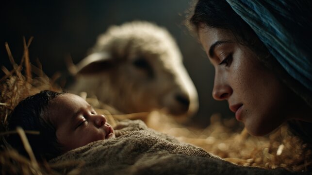 Woman observing a newborn baby wrapped in cloth, resting on hay. Jesus Christ nativity scene. Religious Christmas holiday concept.