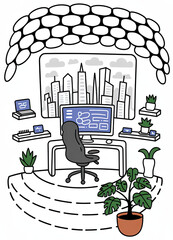 Modern workspace with desktop computer and city view in background  