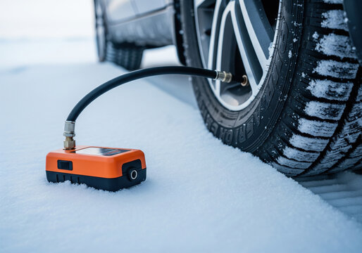 Inflating car tire with portable air compressor in snow - Powered by Adobe