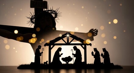 Silhouette of Jesus on cross with Nativity scene below. Concept of redemption and salvation, connecting the birth and passion of Christ for religious holiday.