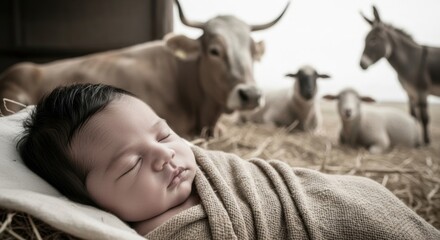 Newborn baby sleeping peacefully, wrapped in warm blanket with barn animals in background. Nativity scene or Christmas concept.