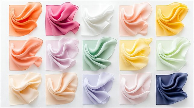 A grid of 15 squares, each containing a piece of draped fabric in a different pastel color, arranged on a white background.
