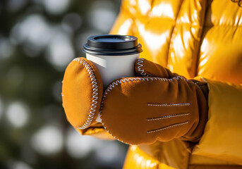 Winter mittens holding warm takeaway coffee cup