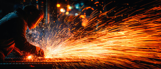 Welder in protective gear creating bright sparks during metalwork in a dark industrial setting