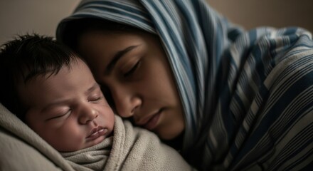 Woman with blue striped veil holding sleeping baby wrapped in cloth, concept of motherhood, Christian biblical story, Christmas.