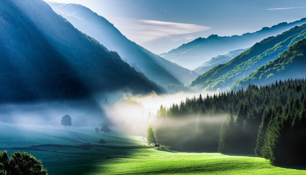 光射す新緑の森,新緑の山,　AI生成画像