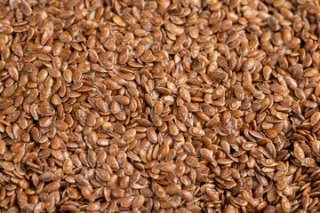 wet flax seeds are used to produce food or linseed oil or germinate for dietary nutrition, covered with drops of water, a large amount of light brown flax seeds