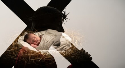 Newborn baby sleeps in manger in double exposure silhouette man carrying cross, crown of thorns. Christian sacrifice concept for Easter.