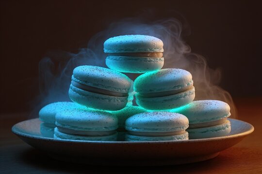 Glowing blue macarons stacked in pyramid shape surrounded by soft mist and moody light