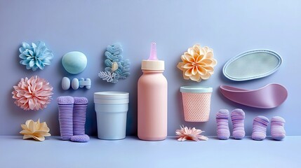 A flat lay arrangement of baby care items and decorative floral elements in soft pastel colors.