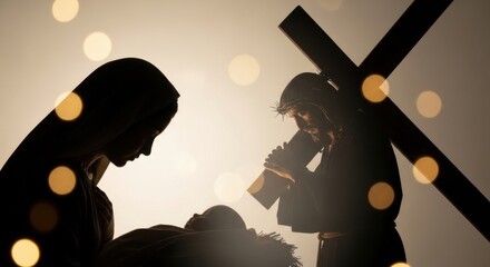 Madonna embracing baby Jesus, with man Jesus carrying cross. Christian salvation concept. Good Friday, Easter, Christmas.