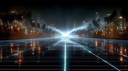 Obraz premium Futuristic city street with glowing lines and palm trees at night.