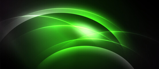Abstract green light curves radiate from central point. Dark background emphasizes glowing shapes, creating dynamic visual effect.