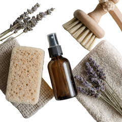Spa/bath brush, sponge, lavender, towels, bottle arrangement