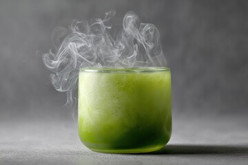 Fototapeta premium Hot green matcha tea or herbal drink in frosted glass with visible steam on gray background