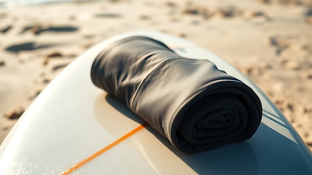 rashguard. Rolled-up rashguard resting on a surfboard at the beach in sunlight. event key visuals, club posters, designed for fitness apps and gym onboarding, used by fitness trainers.
