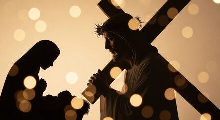 Silhouette of Jesus carrying cross and Virgin Mary with baby Jesus. Nativity and Passion of Christ, Christian holiday concept.