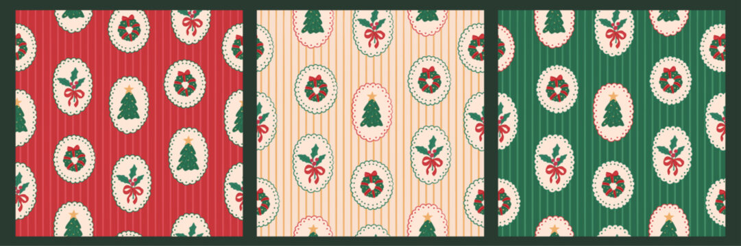Holiday Christmas elements seamless pattern cottage core lace design vector illustration in three colors 