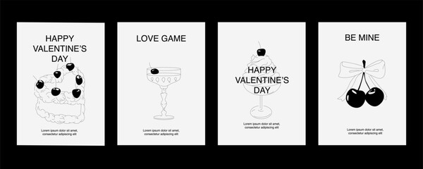 Set of Valentine's Day covers with dessert, cherries and drink. Modern Valentine's Day design templates. Trendy retro aesthetics.