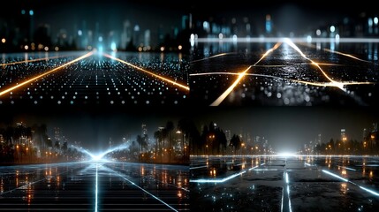 Collage of four futuristic cityscapes at night with glowing lines of light representing data flow and network connections on a reflective surface.