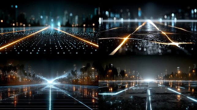 Collage of four futuristic cityscapes at night with glowing lines of light representing data flow and network connections on a reflective surface.