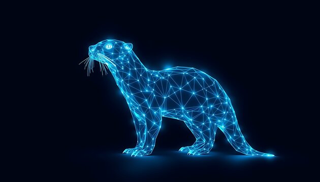 Blue wireframe otter with glowing nodes and lines on dark background image photo