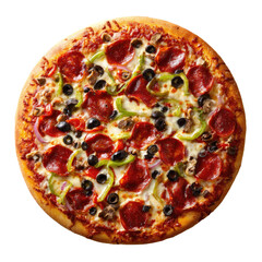 Round pizza pepperoni, green pepper, black olive, mushroom, red onion