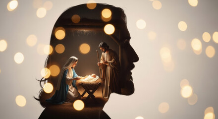 Man's silhouette with Nativity scene inside. Concept of Christianity, birth of Jesus Christ. Symbolic image for Christmas season.