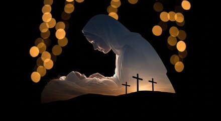 Woman, a silhouette of Mary, looking at baby Jesus and three crosses. Nativity and crucifixion concept during Christmas and Easter.