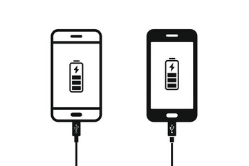 Charging phone vector icon. Smartphone connects to the battery charge icon. Smartphone charger battery icon vector. USB charging cable for a smartphone. Connect to a charger.