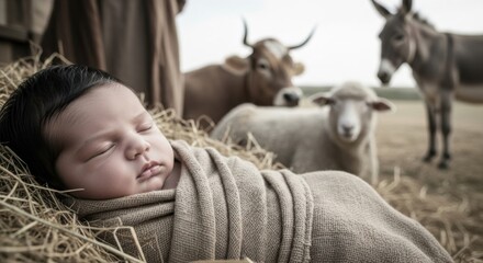 Baby sleeping in manger with hay. Nativity scene with newborn child, cow, sheep, and donkey. Biblical Christmas story.