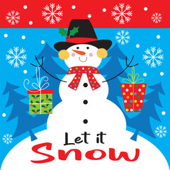 Cute snowman with let it snow text for Christmas card, gift bag or box design
