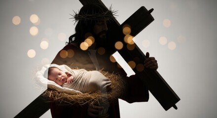 Double exposure of an adult man carrying a cross and a baby resting in a manger. Concept of Jesus Christ's journey from birth to sacrifice for Christianity.