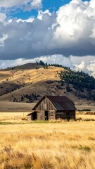 Rustic Barn in a Golden Field with Mountain Backdrop.