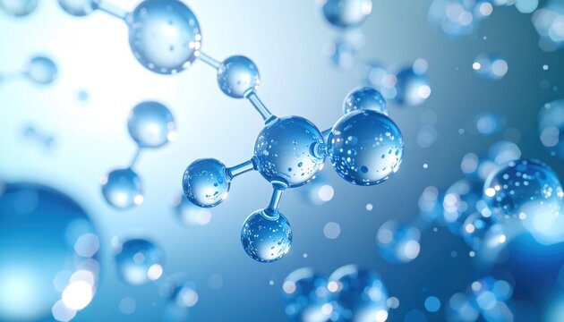Close-up of blue water molecules floating. Transparent spheres with bubbles, light reflections. Abstract background evokes freshness