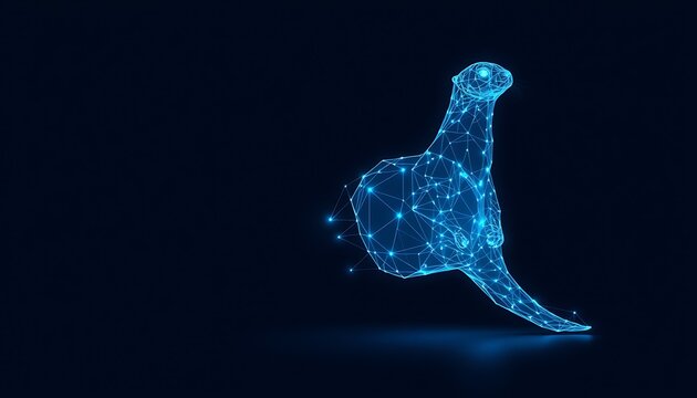 Blue wireframe otter sculpture with glowing nodes on dark background image photo