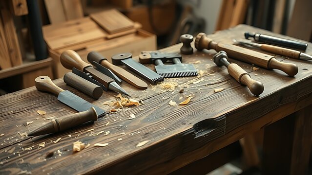 thyristor. Aged wooden workbench with neatly arranged traditional carpentry tools and wood shavings. safety posters.
