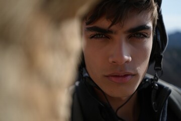 A close-up portrait of a young man with striking features and intense gaze, set against a blurred natural background that enhances the mood of adventure and exploration.