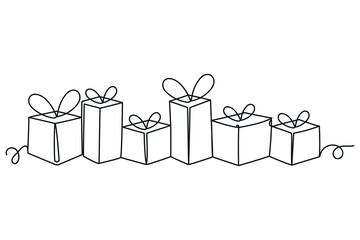 Gift box one line drawing. Continuous one line gift box. Presents with ribbon bow.