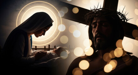 A woman Mary with infant Jesus and a man portraying Christ on the cross. Christian faith, Christmas and Easter.