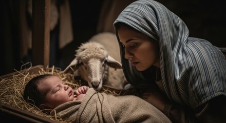 Woman looks lovingly at baby Jesus in manger with sheep present. Christian nativity scene for Christmas and religious celebration.