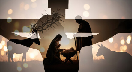 Nativity scene with Virgin Mary, baby Jesus, and Joseph silhouette inside a cross and crown of thorns for Christmas theme.