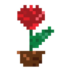 Red pixelated tulip with a green stem and leaves. 90s retro style.