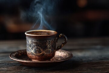 A Moment of Warmth - Steaming Turkish Coffee in an Intricate, Rustic Earthenware Cup.