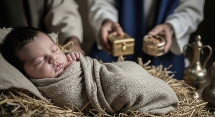 Newborn baby sleeps peacefully in a manger of hay. Biblical Christmas nativity scene with wise man bringing gifts. Religious holiday concept.