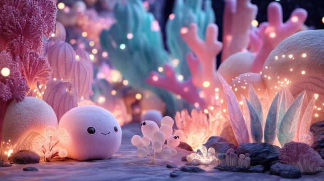Whimsical underwater scene with cute fluffy creatures and glowing lights